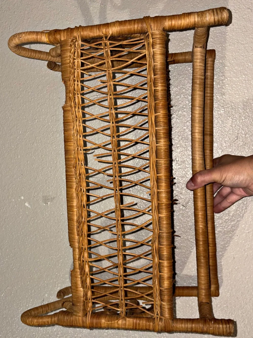 Vintage Boho Wicker Rattan Wall Shelf with Towel Bar & Scroll Sides